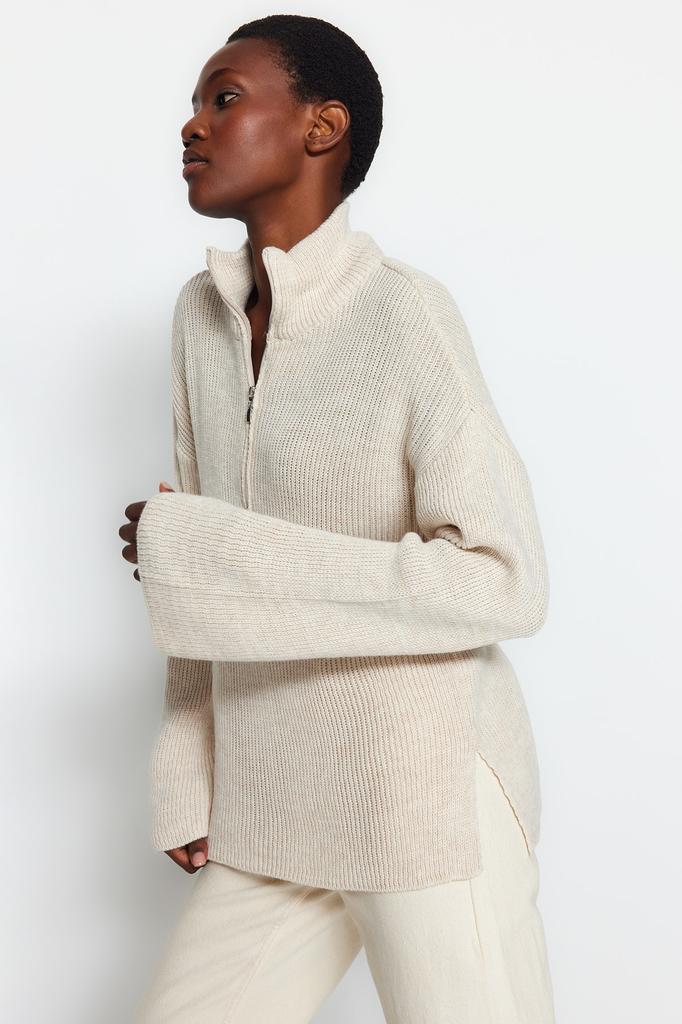 Women's Fashion New Sweater Stone Wide Fit Zippered High Collar Knitwear Sweater