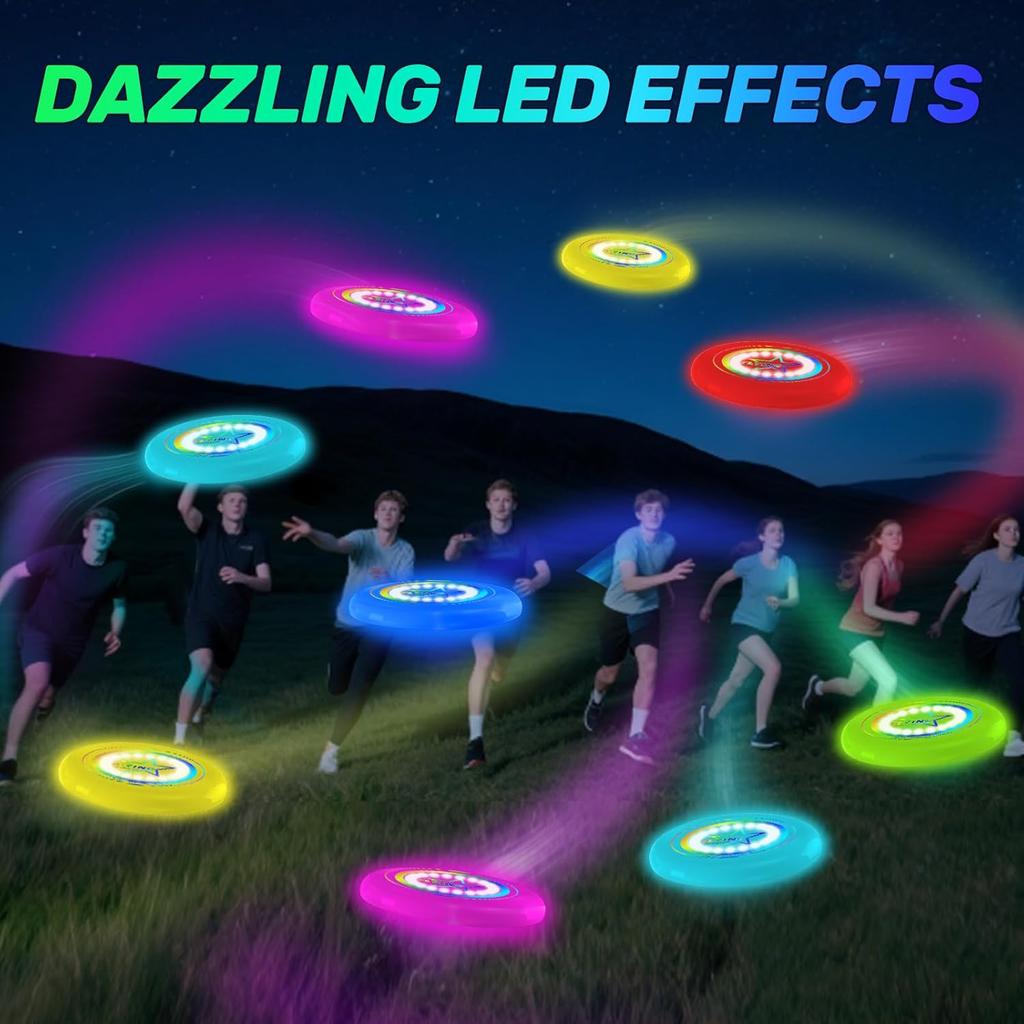 Ультраяркий летающий диск, светящийся летающий диск - 12 интеллектуальных световых программ, перезаряжаемый и ударопрочный (Идеально для ночных игр, вечеринок в саду,)