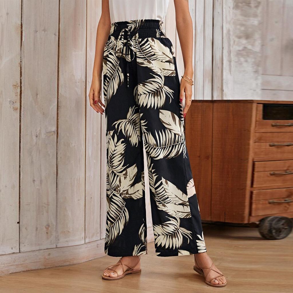 Women's Printed Wide Leg Pants With Pockets High Waist Drawstring Loose Casual Pants