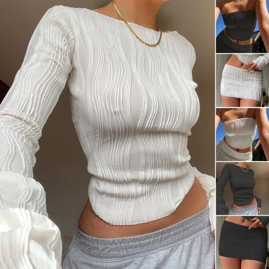 Сплошной цвет женской блузки с круглым вырезом и длинными рукавами, сексуальный обнаженный пупок с рюшами