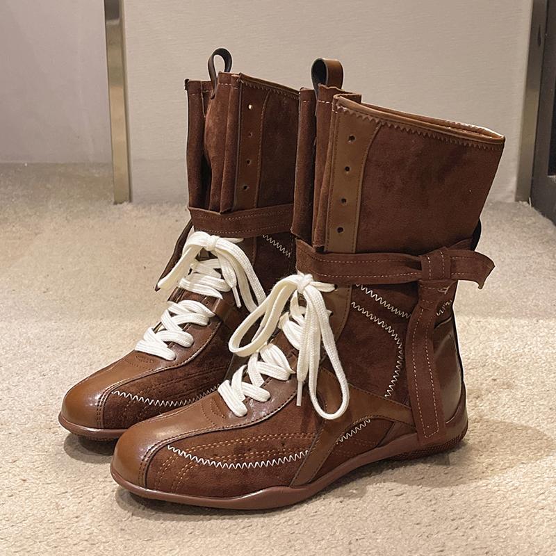 Fashion Fashion Lace Up Mid Calf Boots Women Y2K Gothic Low Heels Motorcycles Boots Woman Pu Leather Patchwork Punk Riding Botas Mujer