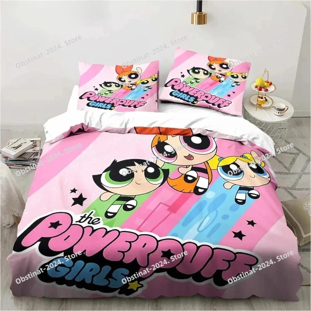 Пододеяльник с принтом мультфильма Сила Икс (The Powerpuff Girls) - Наборы постельного белья Аниме Косплей Милые Размеры Queen King Double Bed Full Size Подарки