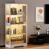 Four-tier glass display cabinet with storage, LED lighting, glass doors and smart sensors. Suitable for living room, bedroom and offices. White.