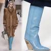 Европейская американская мода, новый показ мод, высокие сапоги с острым носком и текстурой дерева, сексуальные большие женские сапоги 2024 года