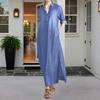 Yousheng Women's Denim Maxi Dress Casual Roll-up Sleeve Split Dress with Pockets Plus Size Button Up Lapel V Neck Long Dress
