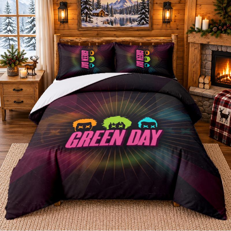 Printed 3Pcs Bedding Set Green Day Pattern Bed Sheet Pillowcase For Bedroom Decor