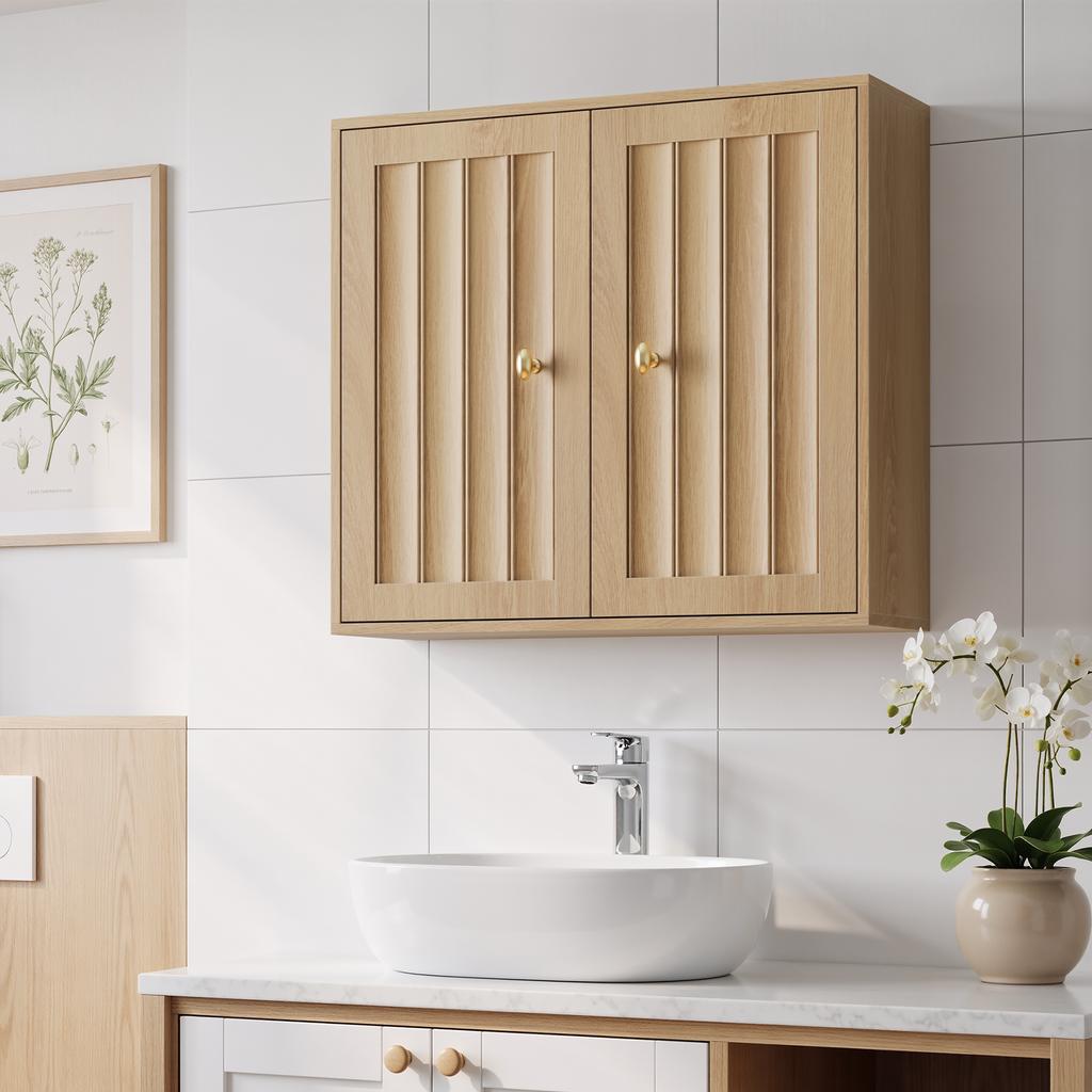 Wall-Mounted Bathroom Cabinet, Two-Door Medicine Cabinet with Vertical Groove Design – Wall-Hanging Storage for Bathrooms, Toilets and Hallways (Oak)