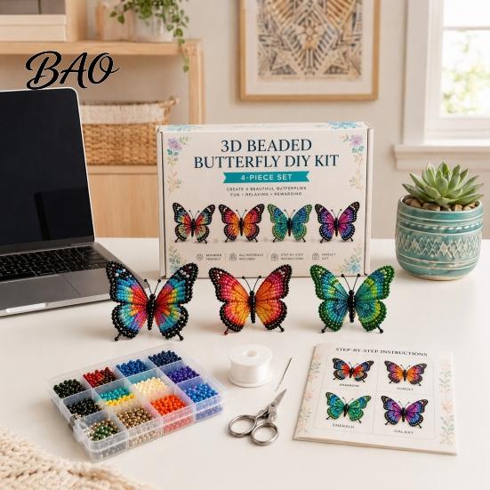 Beaded Animal Figurines 3D Butterfly Craft Kit, Tiny DIY Handmade Art Set Kit with Instruction, Cute 4-Pack Butterflies Beadwork for Beginners,