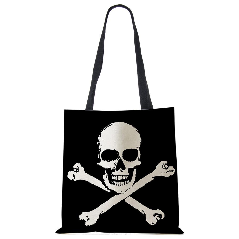 Темно-черная льняная сумка-тоут с крутым принтом черепа, экологичная многоразовая сумка для женщин, для путешествий, школы, на плечо, складная KTY