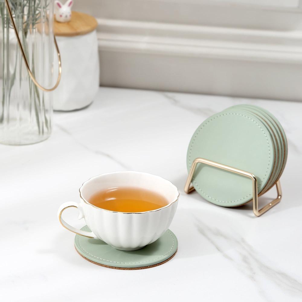 6-piece leather coaster set with metal holder, waterproof coasters for home decor, with cork bottom, green (2 sets)