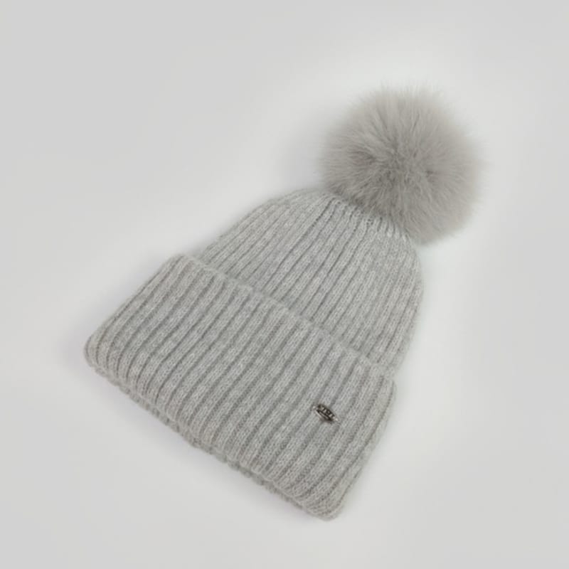 MAIA Fox Fur Pom Pom Beanie Hat - Grey