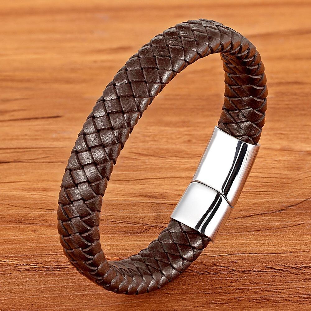 Retro Hip Hop Stainless Steel Leather Woven Bracelet Simple Black Brown Magnetic Buckle Couple Bracelet Men's Everyday Casual Wear Jewelry Accessories