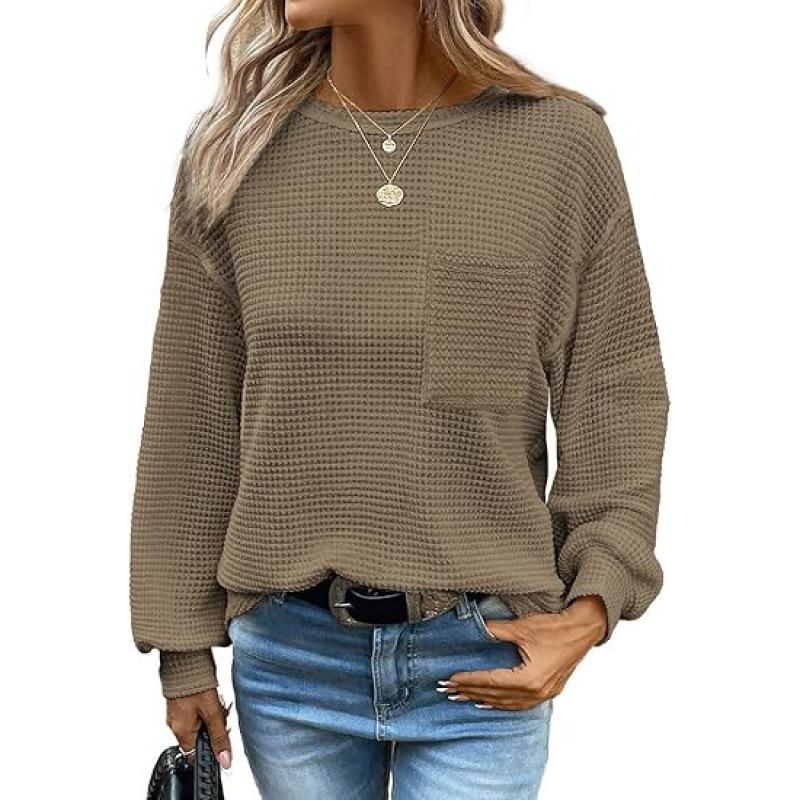 2026 Waffle Knit Round Neck Pocket Casual Loose T-shirt - TikTok Trendy