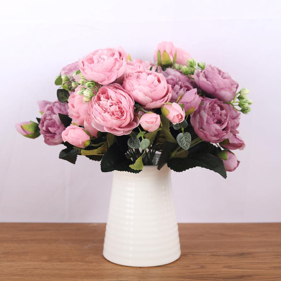 30cm Rose Pink Silk Bouquet Peony Artificial Flowers 5 Big Heads 4 Small Bud Bride Wedding Home Decoration Fake Flowers Faux KTY