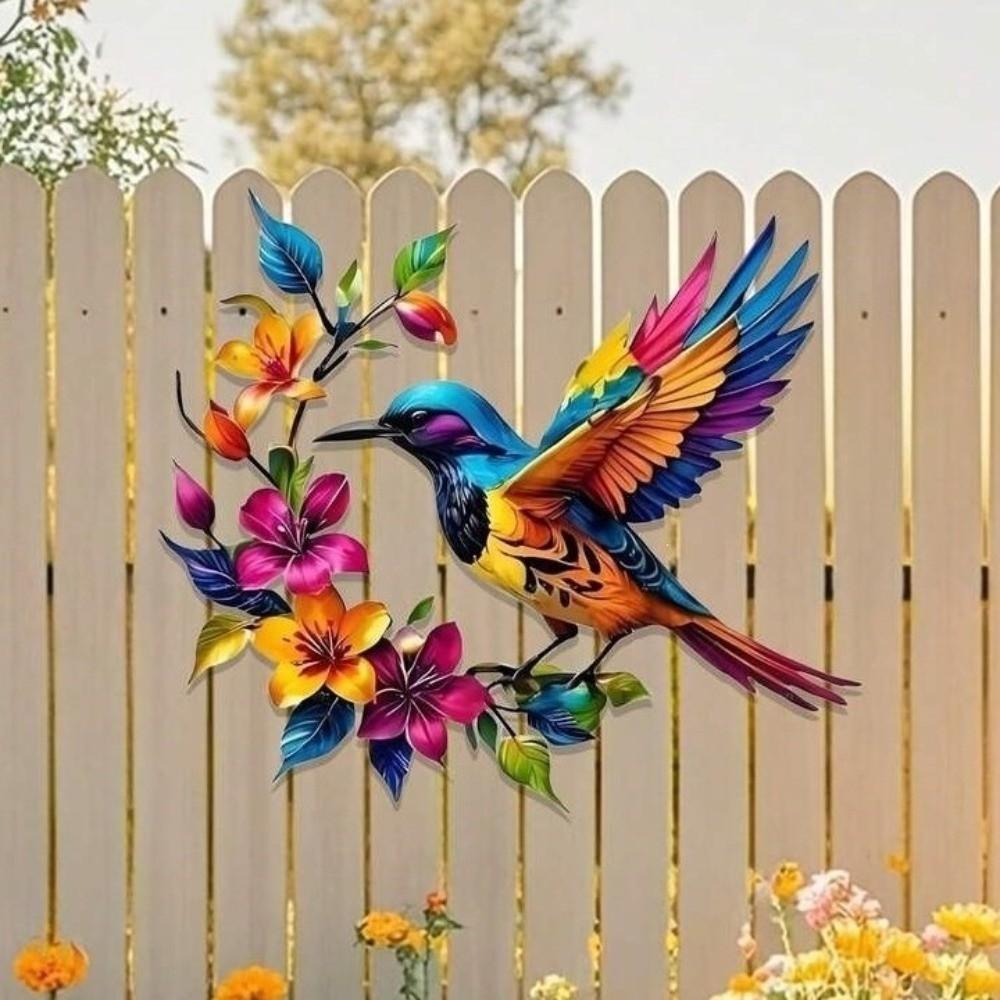 Weather Resistant Metal Hummingbird Art Decor Colorful Flower Iron Hanging Decor Yard Fence