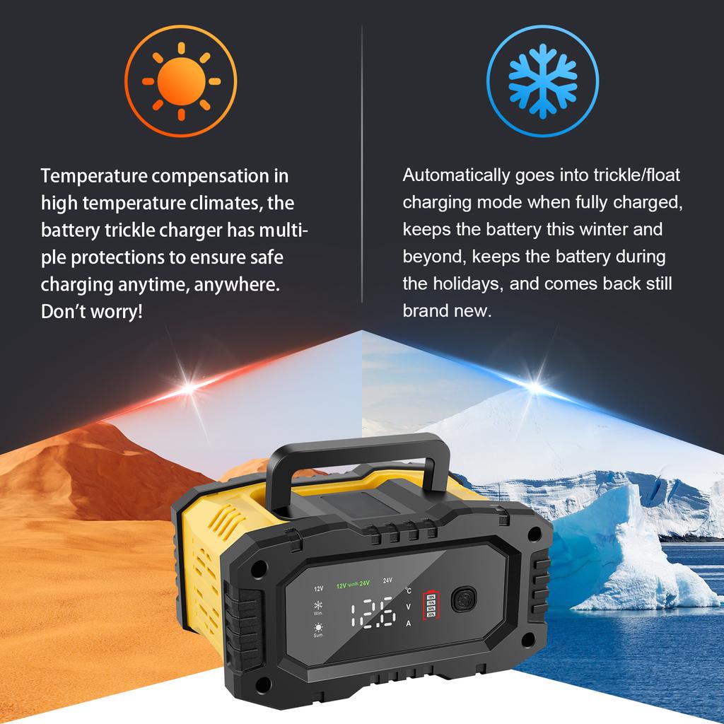Car Battery Charger with Temperature Compensation LCD Display Automotive Charger Portable Battery Maintainer Trickle Charger