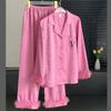 Spring Autumn 2PCS Pajamas Long Sleeved Feather Satin Sleepwear Trouser Suits Loose Casual Female Home Clothes Lounge Wear