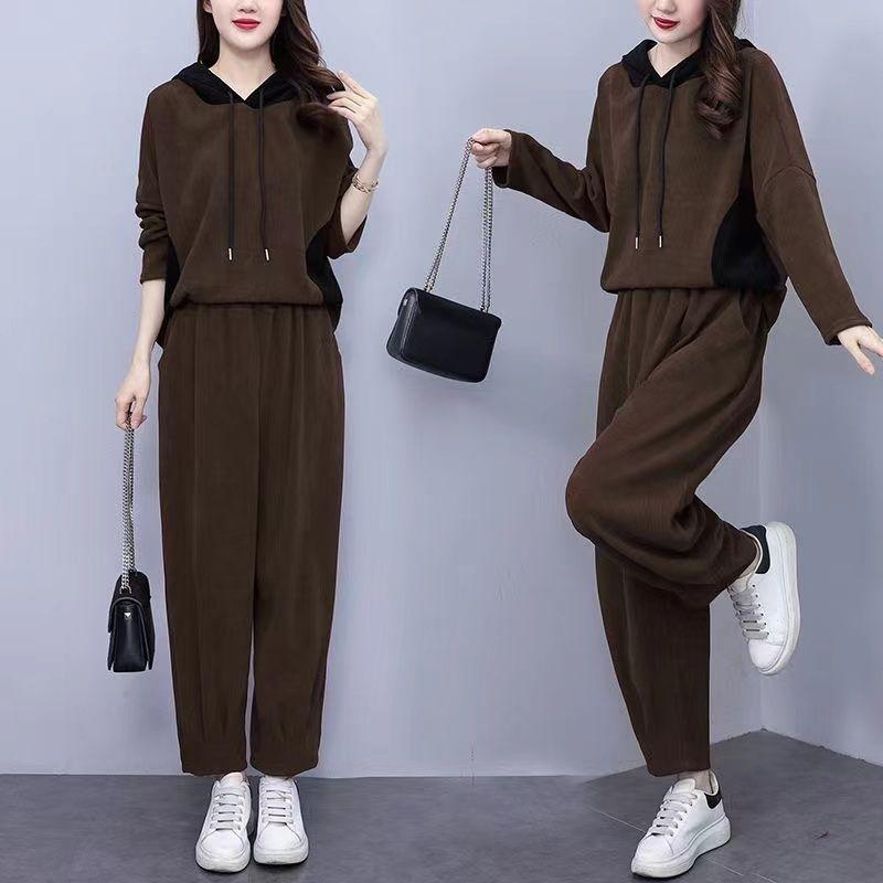 Large Casual Hooded Fashion Set Autumn New Item Thick Corduroy Large Size Flesh Covering Slimming and Casual Two-piece Set