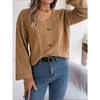 Women's Autumn and Winter Solid Color V-neck Button Twist Lantern Sleeve Pullover Sweater