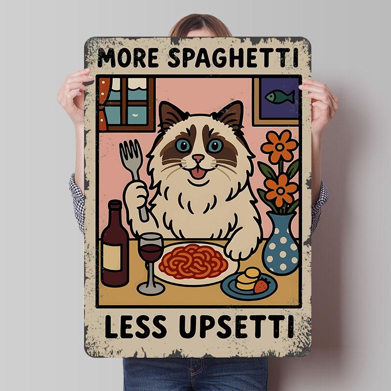Cat Eating Spaghetti Funny Art Printed Poster Customized Wall Art Retro Vintage Metal Tin Signs for Coffee Bar Accessories Decor