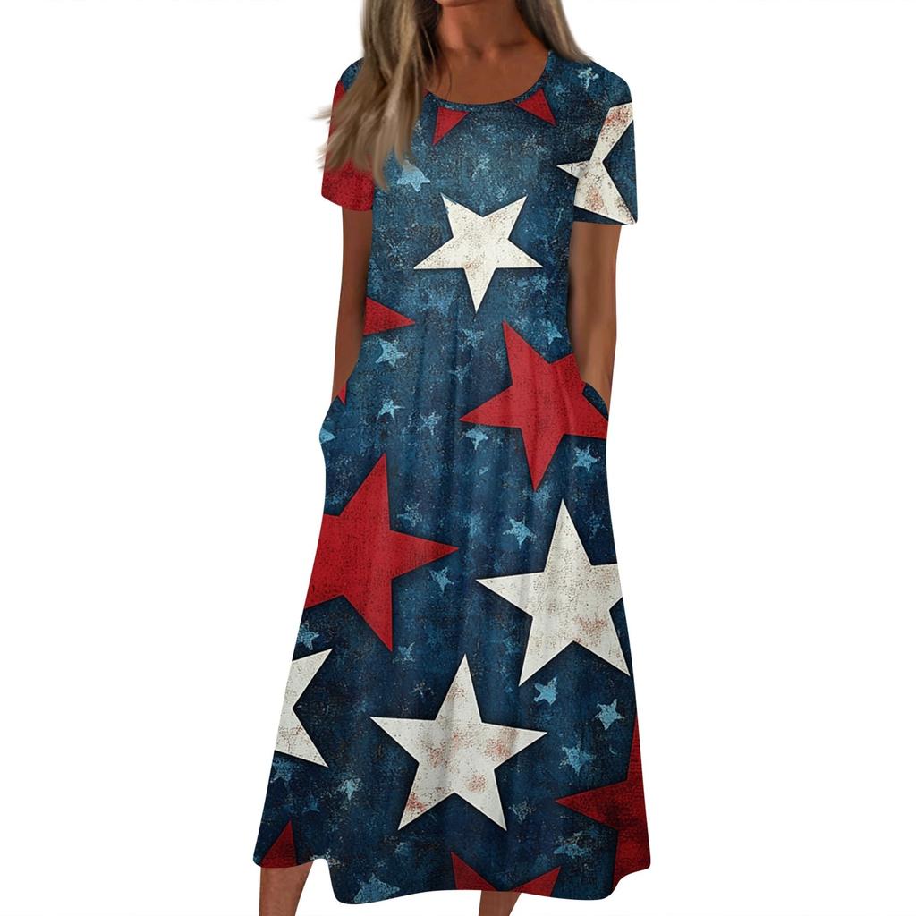 Женское летнее повседневное модное платье с коротким рукавом и карманом на День независимости с коротким рукавом