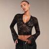 Spring Elegant Women's Solid Colour Sexy Transparent Lace V-Neck Tight Flare Long Sleeve T-Shirt