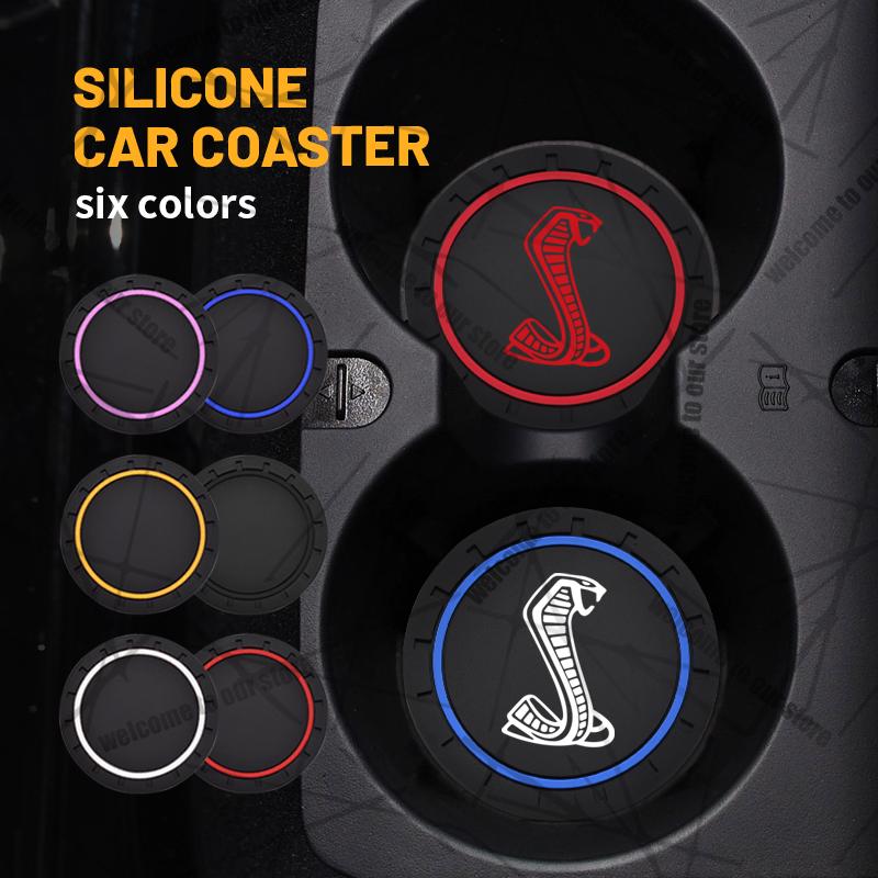 2pcs/1set For Ford Shelby GT500 GT350 Emblem Bronco Dodge Car Coaster Waterproof Non-Slip Rubber Mat Water Cup Slot Decorate E2