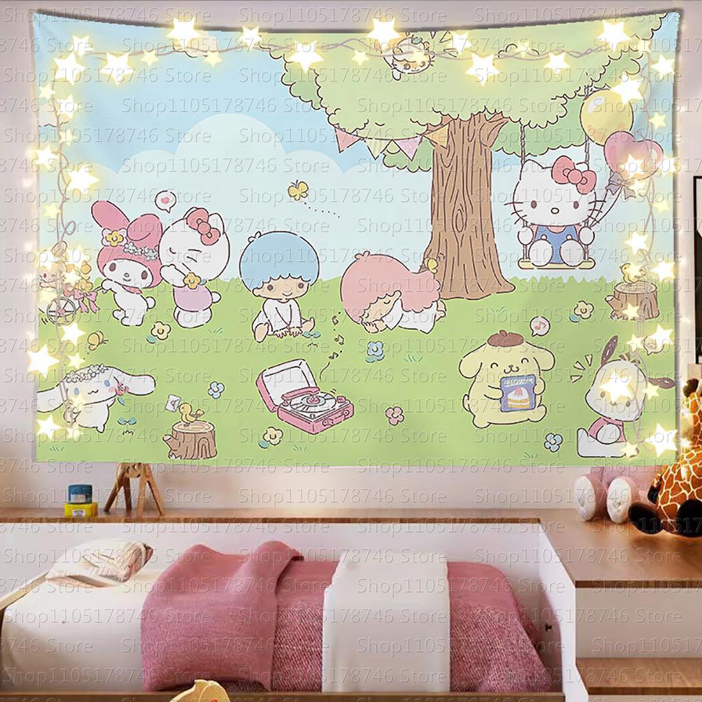 Adorable Sanrio Family Pink Heart Tapestry Kawaii Anime Wall Hanging Decoration Girls Heart Printed Tapestry Super Cute Decorat