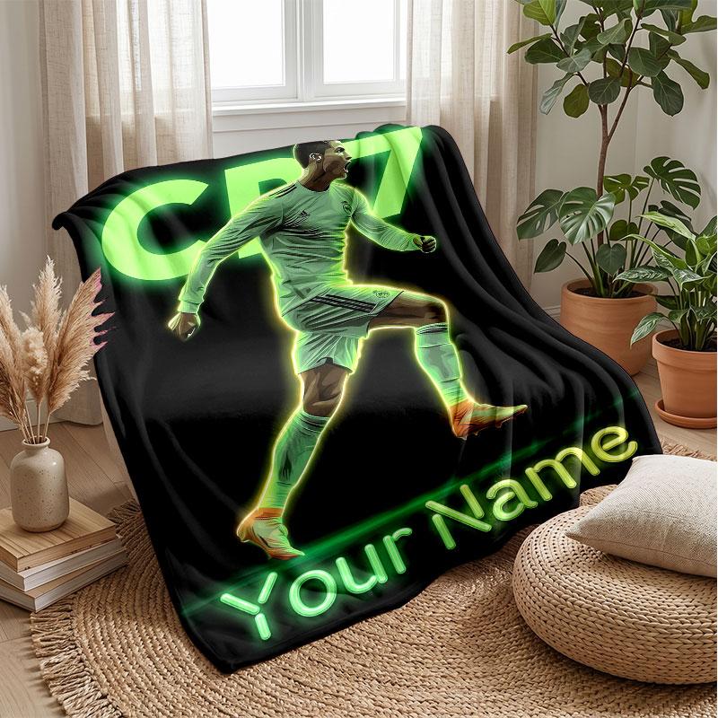 Cristiano Ronaldo Custom Name Text Flannel Blanket Soccer Logo Personalized Fleece Throw Blanket Special Gift For Sofa Bedroom Home