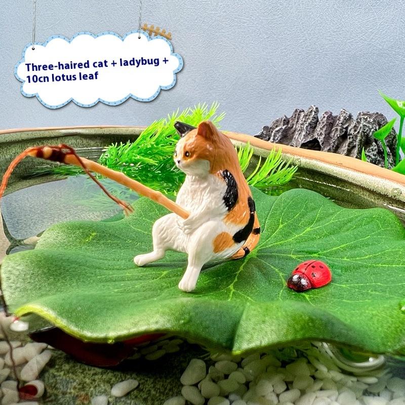 3Pcs Fishing Cat Ladybug Lotus Leaf Set Ornaments Aquarium Decoration Cartoon Cat Statue Mini Resin Figurine Home Decor
