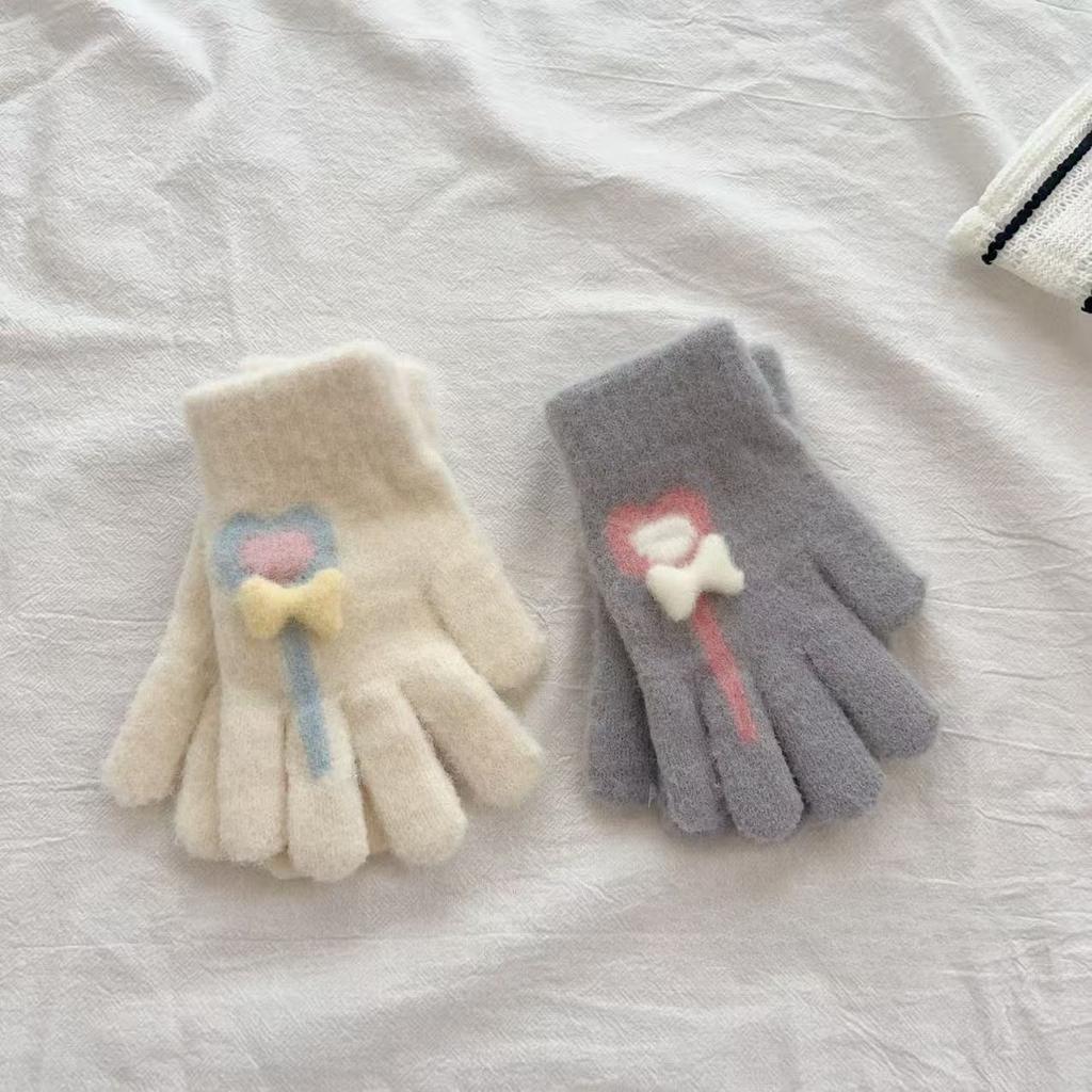 Children's Gloves Autumn and Winter Warm Love Lollipop Five Finger Gloves for Girls with Velvet and Thickening