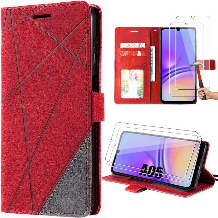 Coque pour Samsung Galaxy A05 - BOOLING - Semi-rigide - Effet cuir - 2 Verres Trempés - Rouge