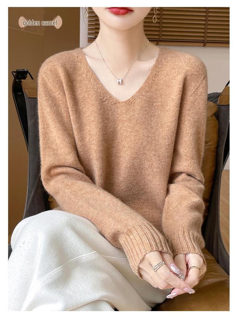 Minimalist 100% Wool V-Neck Sweater: Seamless, Solid Color, Long Sleeve, New Women's Knit