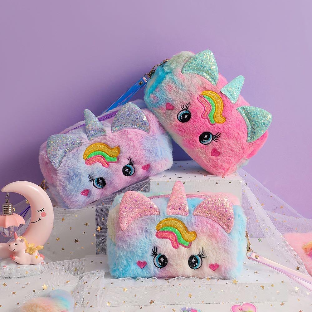 Cute Custom Cute Women Girl Pencil case Makeup Bag Plush unicorn Travel Toiletry Cosmetic Bag