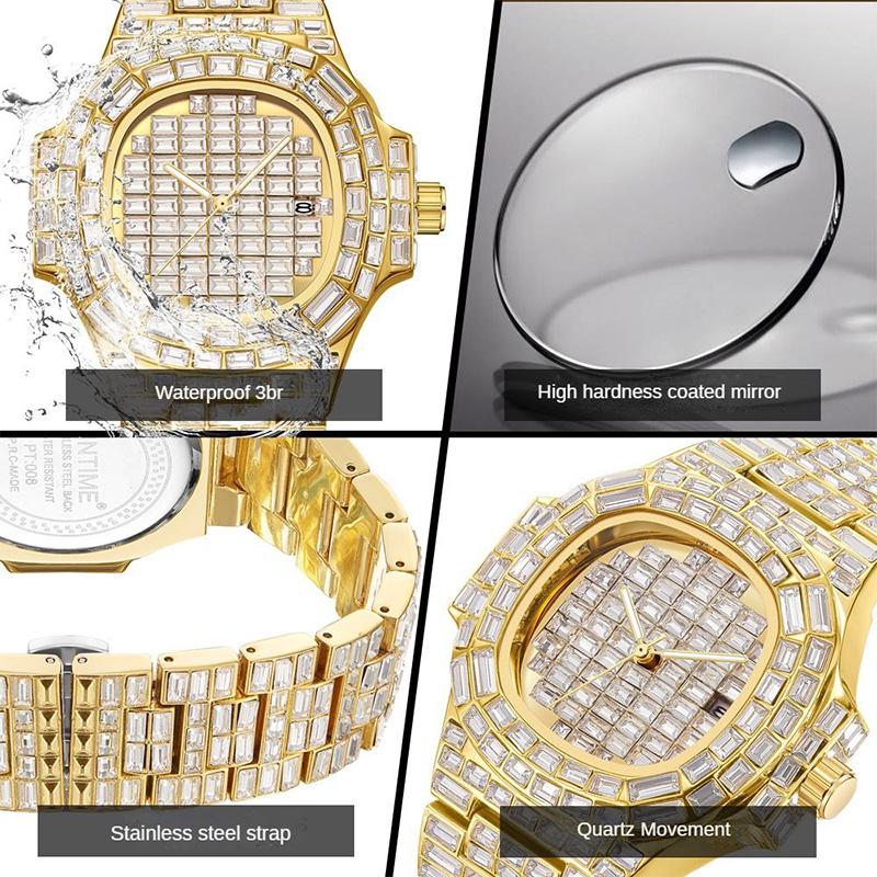 Роскошные мужские часы водонепроницаемые кварцевые наручные часы Ice Out Diamond нержавеющая сталь ремешок светящиеся стрелки Montre Homme