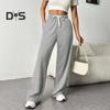 Women Pants Elastic High Waist Adjustable Drawstring Straight Wide Leg Trousers with Pockets Solid Color Casual Pants