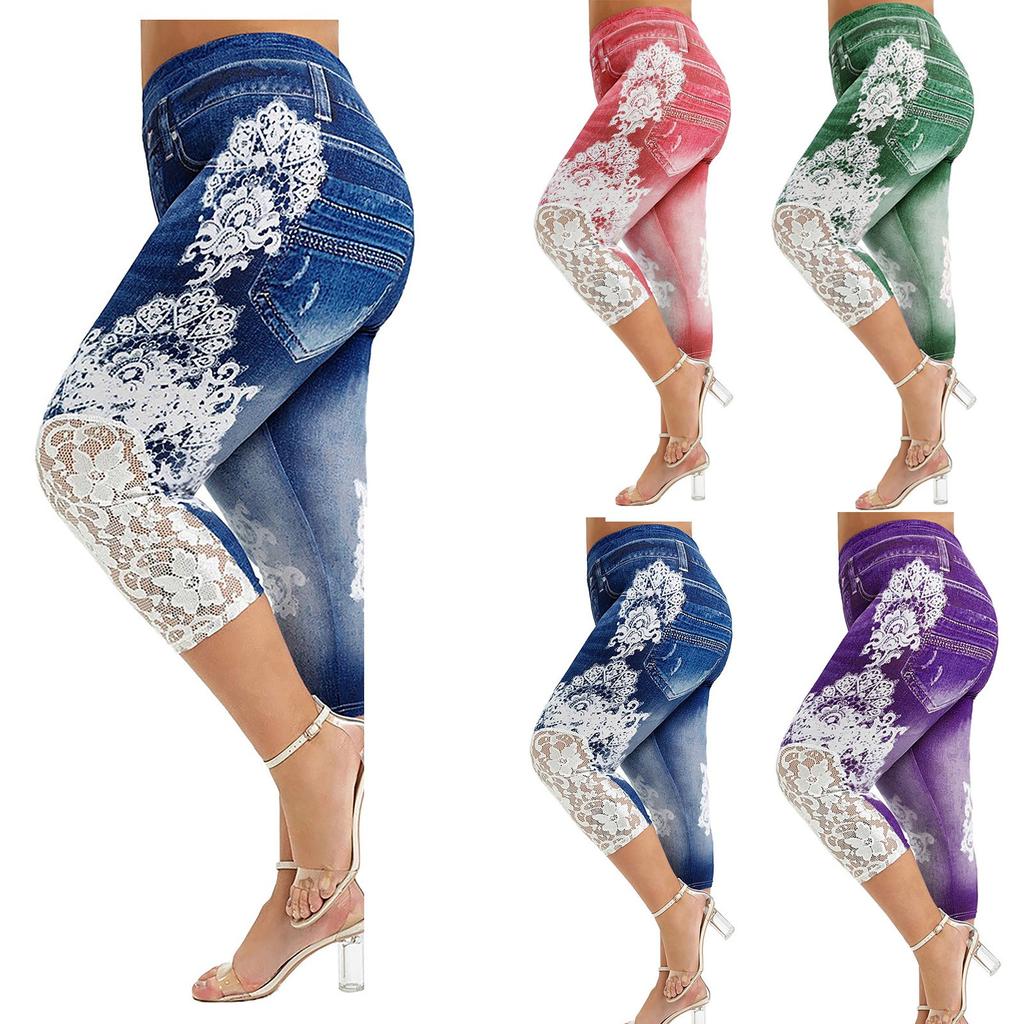 Fashion Women Plus Size Lace Printing Splice Elastic Waist Casual Leggings Pants