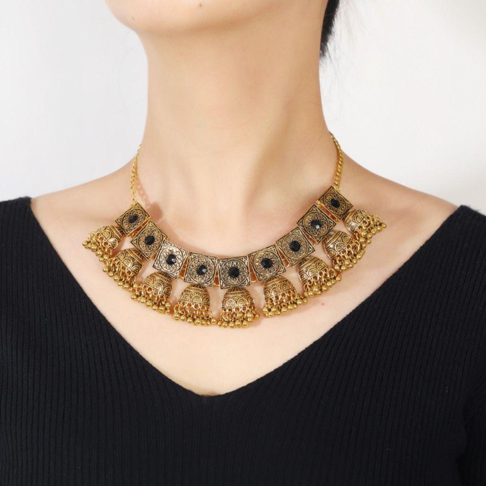 Gold Ethnic Style Necklace Pearl Retro Clavicle Chain Personalized Bohemian Earrings Suit Jewelry