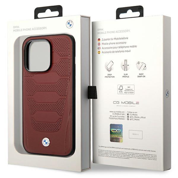 Etui do iPhone 14 Pro Max BMW Leather Seats Pattern MagSafe Burgundowy