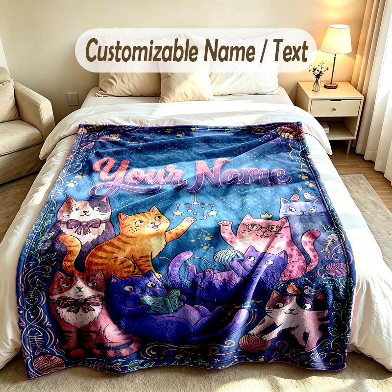 Cat Theme Soft Blanket Personalized Custom Name Text Print Warm Blanket Home Sofa Bedroom Decor