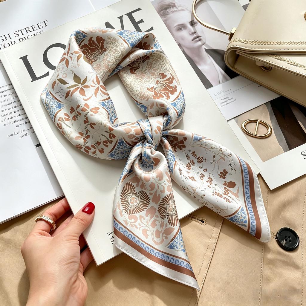 Autumn and winter Maillard cashew square scarf silk scarf women's shirt versatile neck small scarf tied hair decorative scarf