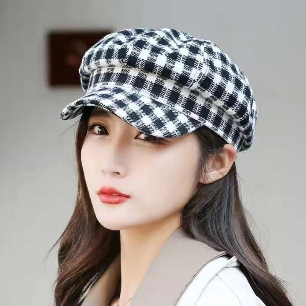 Small Fragrant Style Women Painter Hat Korean Style Women Octagonal Cap Plaid Beret Hat  Outdoor