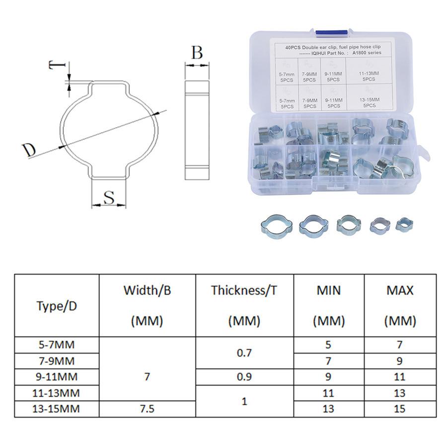 40 шт. Хомуты одинарные для шлангов Вода Топливо Воздух для 5-15 мм Оцинкованные Ассортиментный ящик с клещами для хомутов