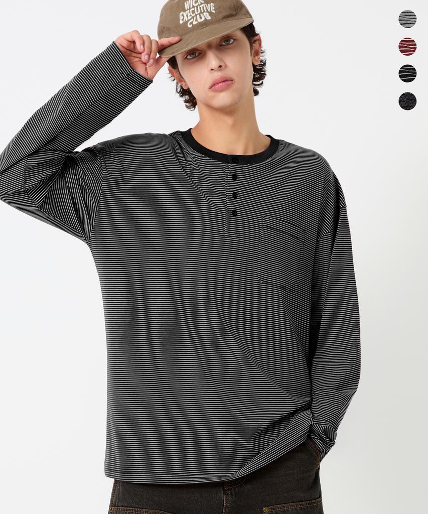 TRILLION Thin Stripe Pocket Henley Neck Long Sleeve_4Color