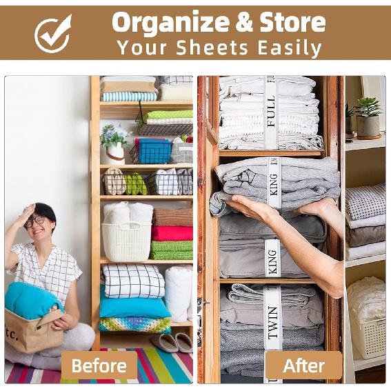 Bed Sheet Organizer Bands,Sheet Organizer and Storage for Linen Closet -Bed Sheet Bands for Organizing-Sheet Labels for Bedding,Elastic Bands for