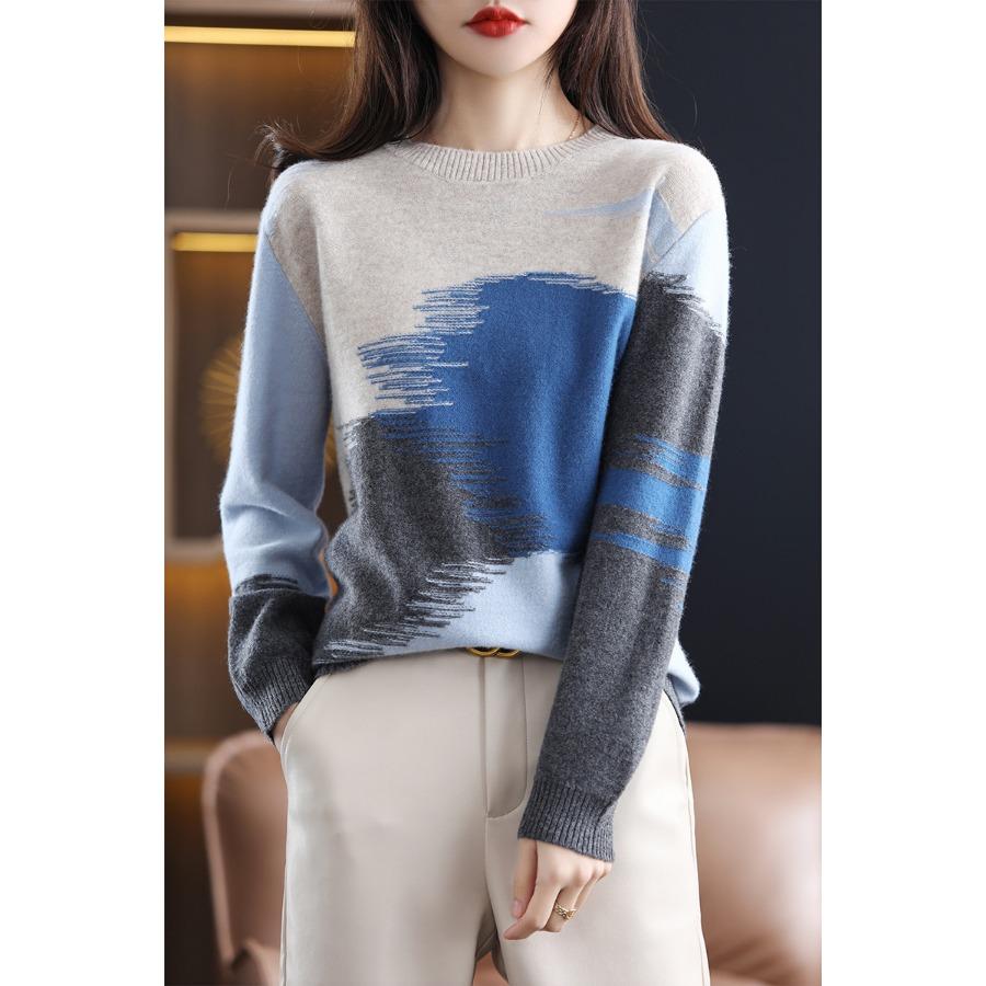 Круглый вырез контрастные свитера женские корейские свободный крой повседневный универсальный вязаный свитер модный пуловер топ