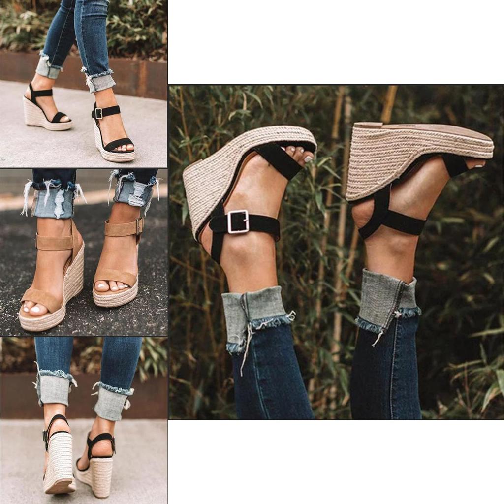 Elegant Summer Hemp Ladies Peep Toe Rope Wedge Sandals With Buckle Ankle Strap