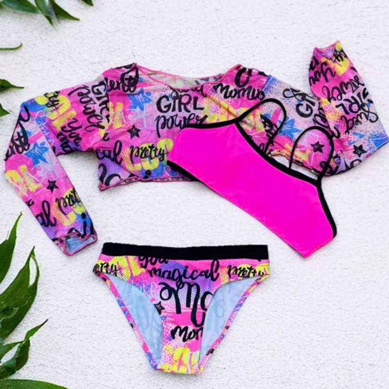 Tween Girls' Fashion 3 Pieces Sun-protective Swimwear Set Lace Up Back Camisole Printed Briefs and Long Sleeves Cover-Up Swimsuit Bathing Suit
