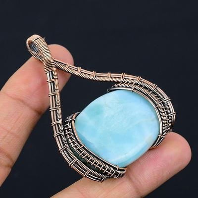 Larimar Gemstone Чистая медная проволока Обернутая дизайнерская подвеска ручной работы Ювелирные изделия для нее