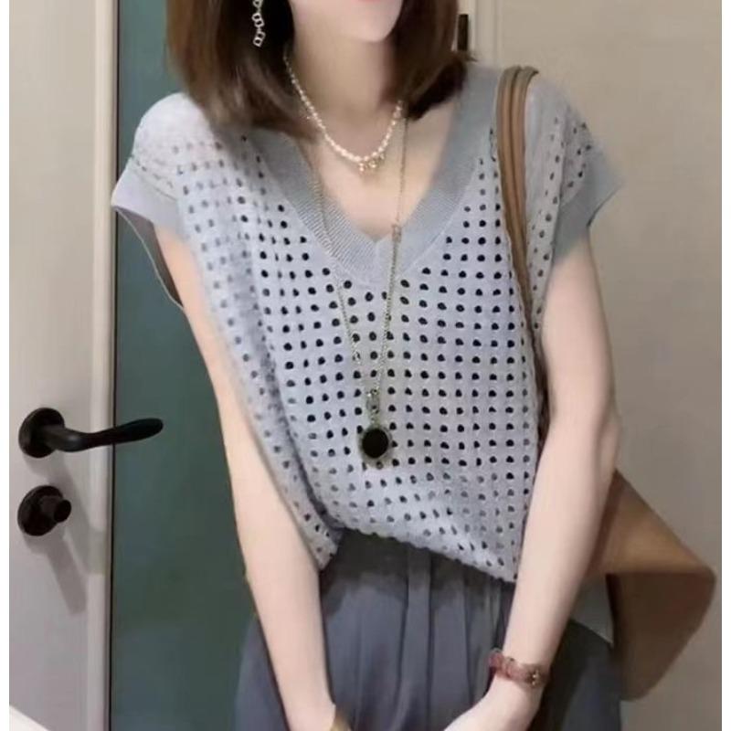 Летний тонкий ажурный трикотажный жилет с V-образным вырезом, женские топы